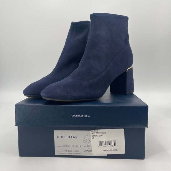 Cole Haan Blue Suede Stretch Booties | Almond Toe, Block Heel - Picture 7 of 9